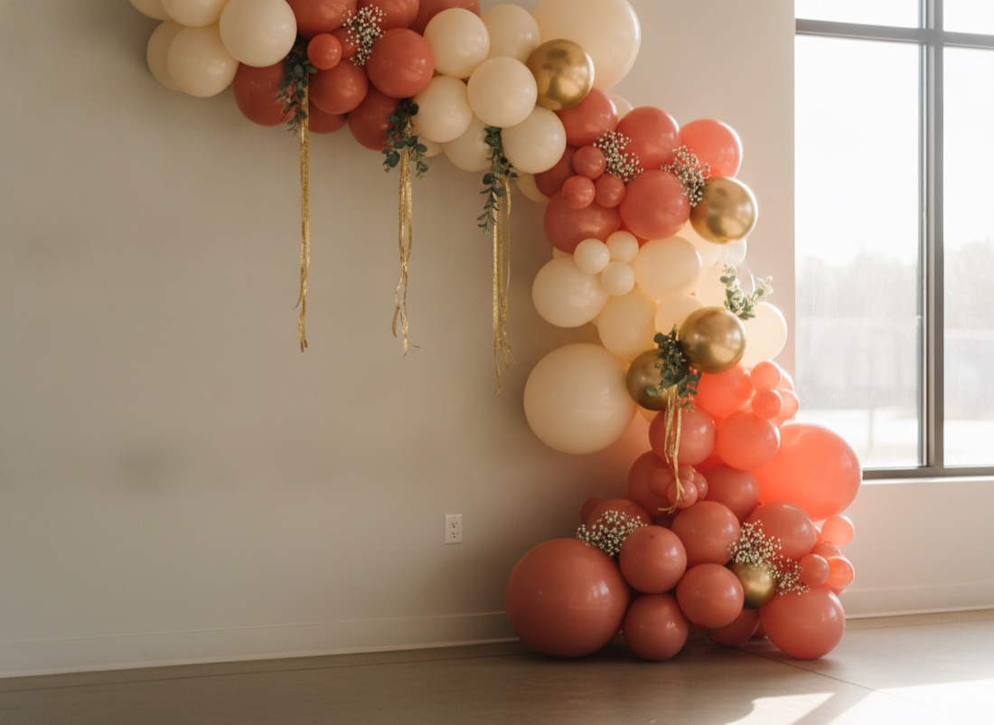 Guirnalda orgánica de globos en tonos coral, crema y dorado decorando un salón de eventos